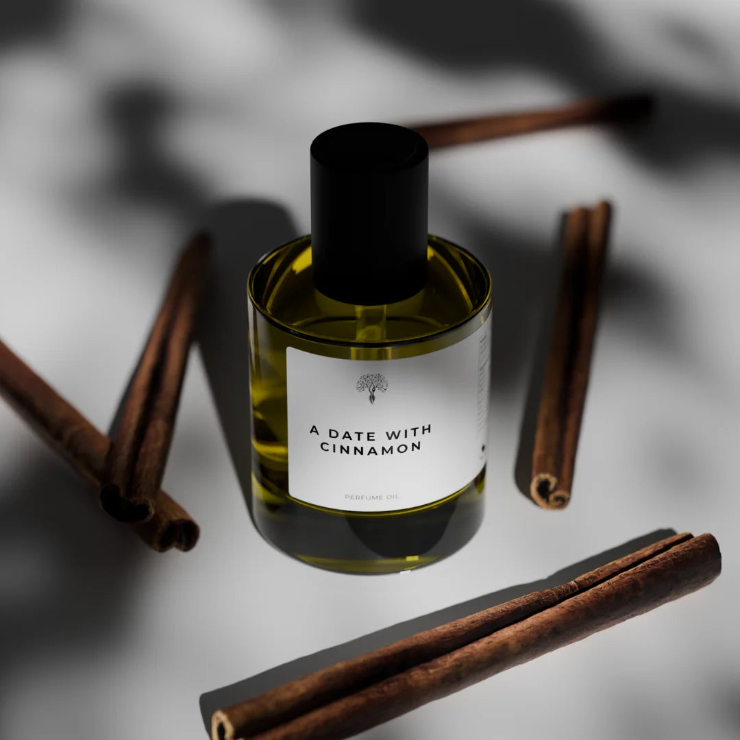 A date with cinnamon perfume oil bottle with a dropper