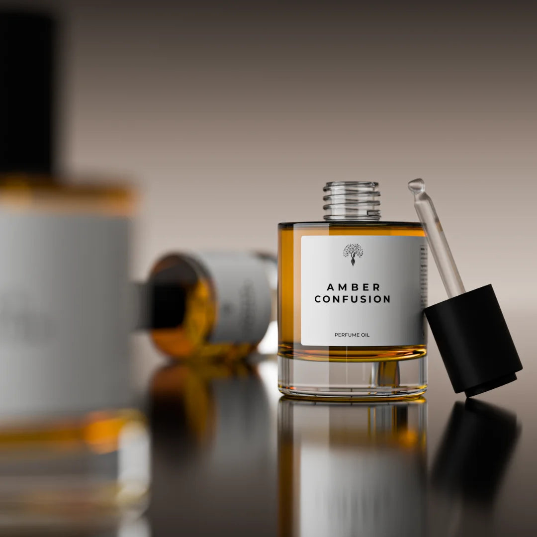 Amber Confusion perfume oil bottle with a dropper