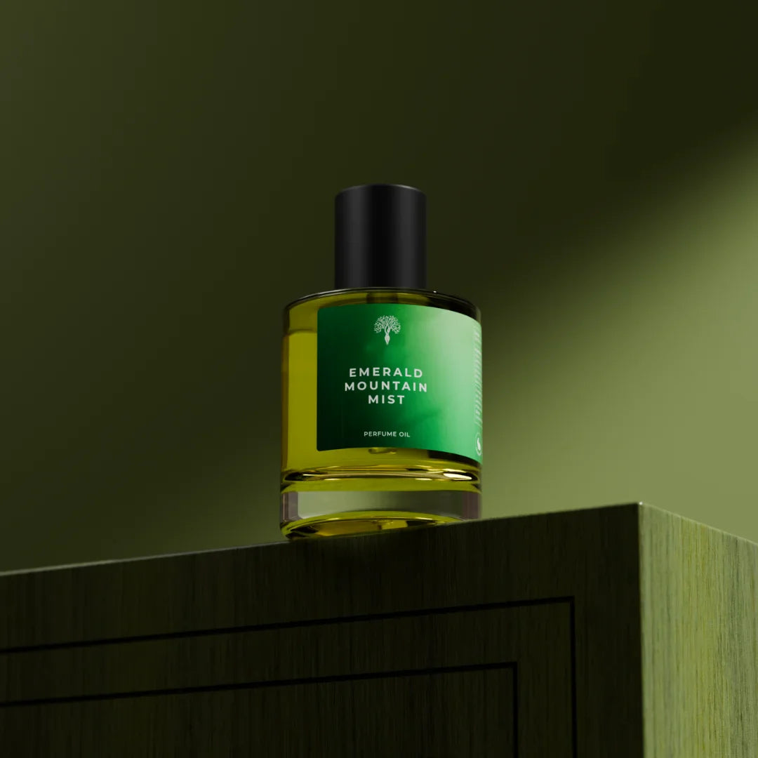 Emerald Mountain Mist perfume bottle with dropper